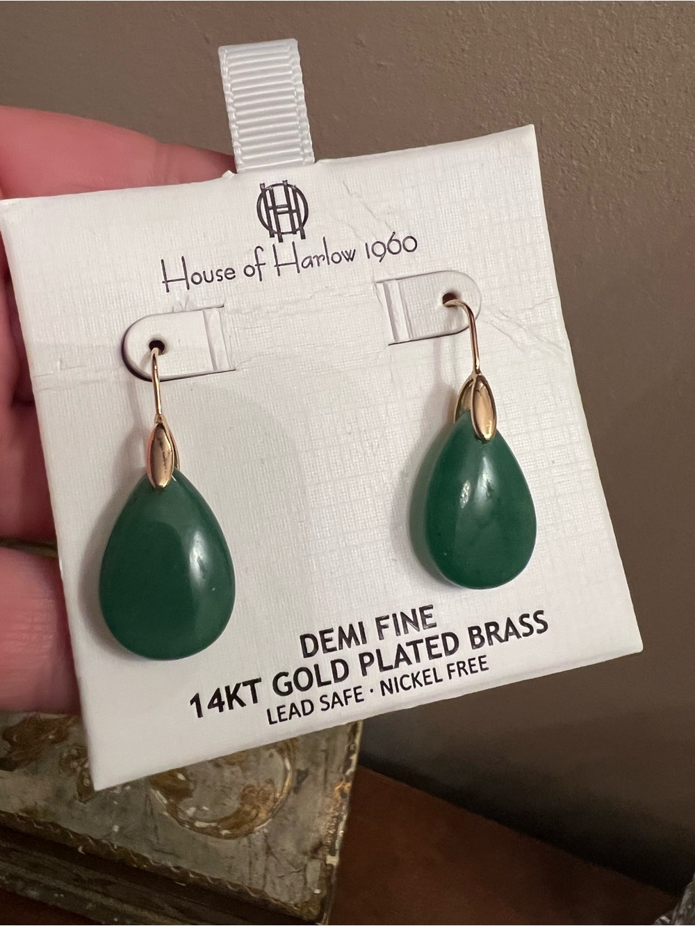 House of Harlow 1960 Emerald Green Aventurine Gemstone Teardrop Earrings NWT